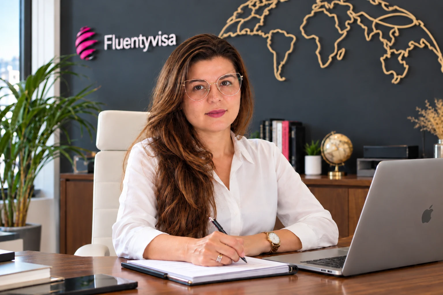 Mulher em uma mesa de atendimento no escritório Fluentyvisa