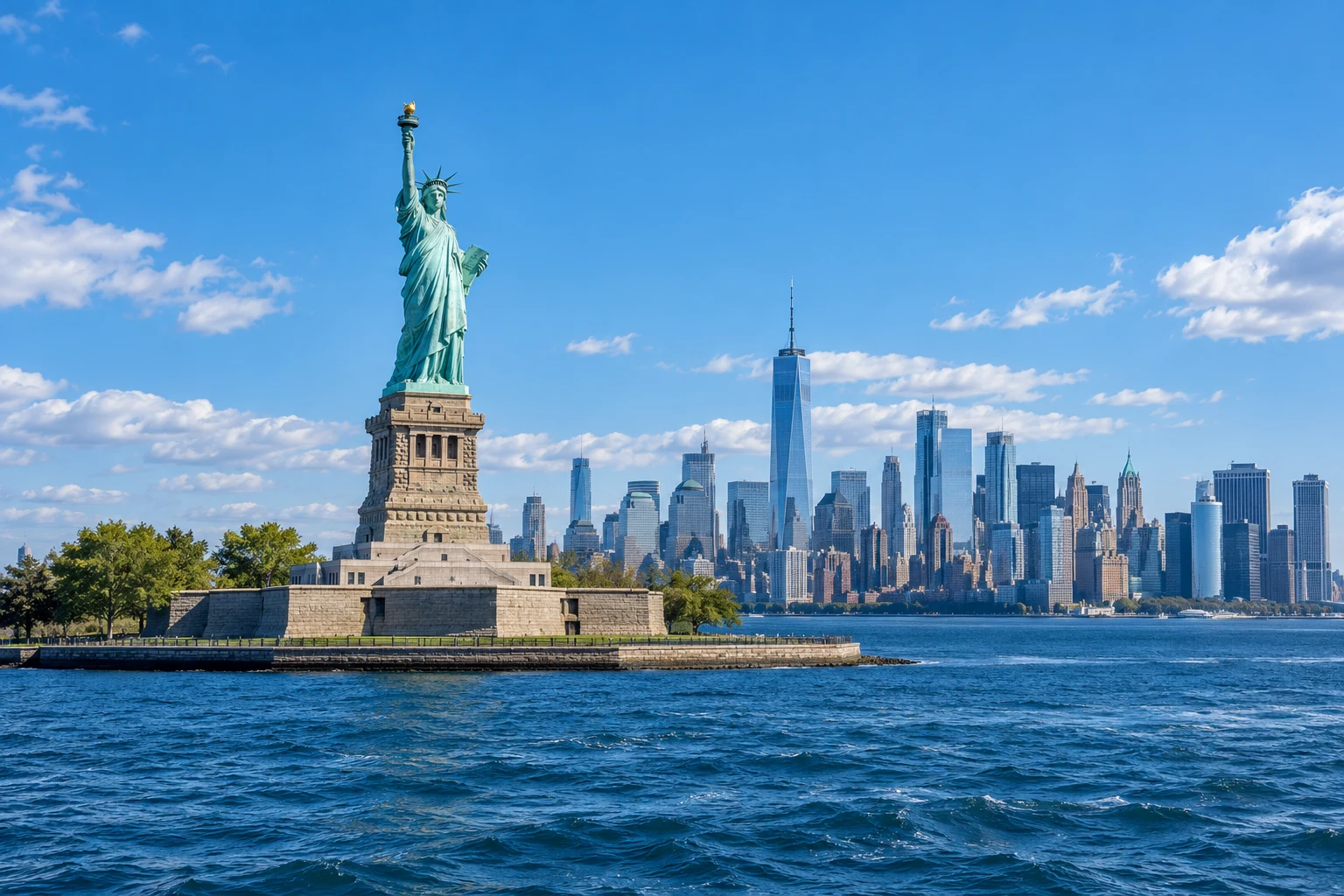 Imagem ilustrativa de Nova York com a Estátua da Liberdade e Manhattan sob o céu azul